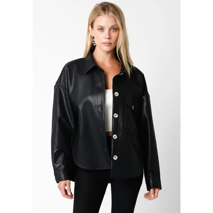 Faux Black Leather Shacket