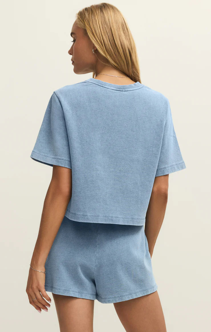 KNIT DENIM CROPPED SWEATSHIRT